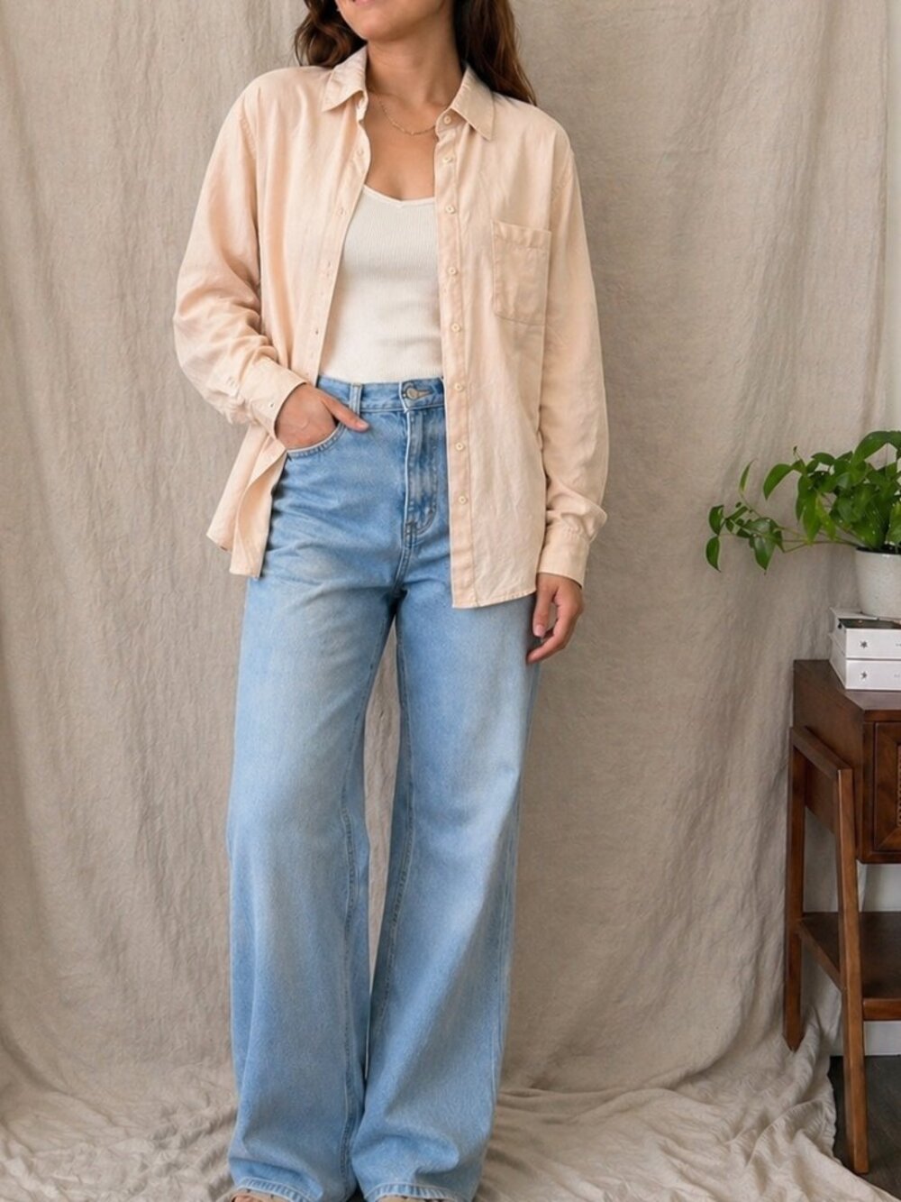 Made in Hong Kong Vintage TWEEDS 100% Linen Beige Peach Button Down Shirt Size S